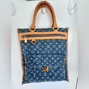 Louis Vuitton Vintage Monogram Denim Flat Shopper Tote Bag Blue Gold Hardware